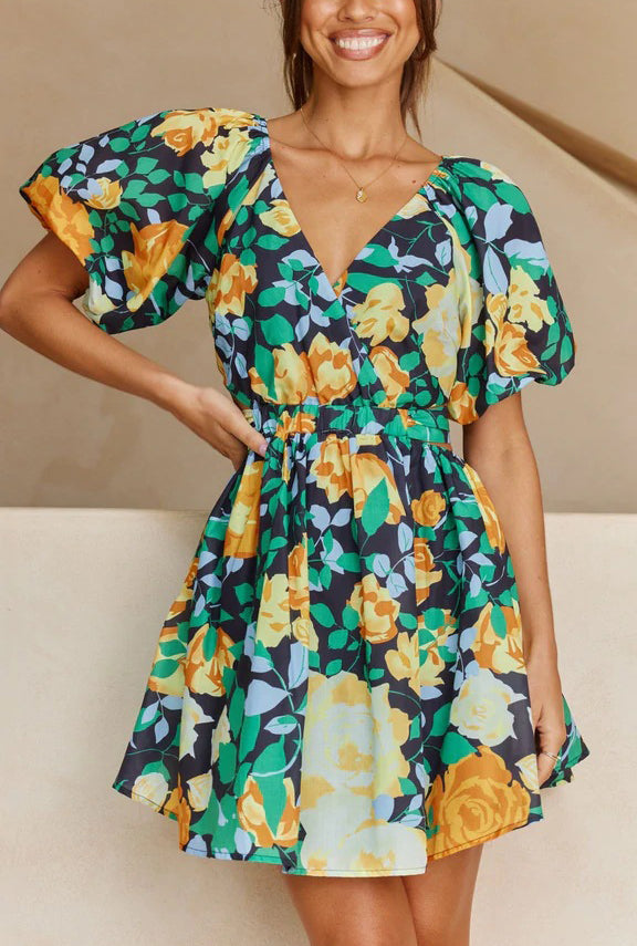 Bubble Sleeve Cut-Out Strappy Print Dress