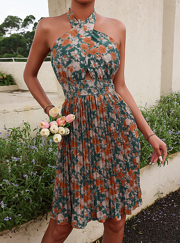 Floral Print Pleated Sleeveless Halter Mini Dress