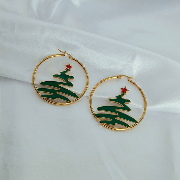 Gold Christmas Tree Hoop Earrings