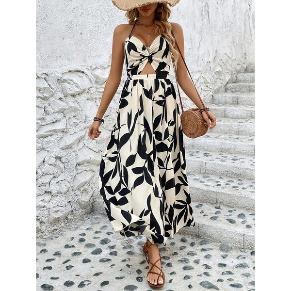 Hollow Out Twist Halter Neck Printed Dress