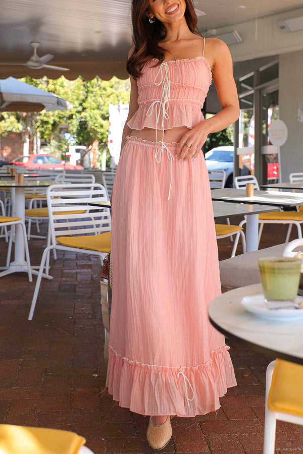 Halter Bow Top Pleated Half Skirt Set-Pink