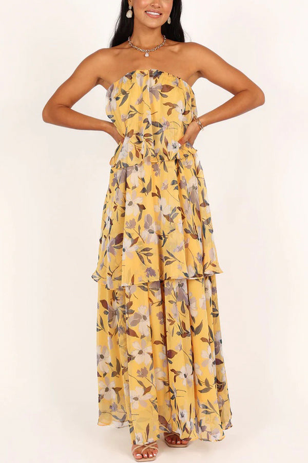 Vestido sin tirantes con estampado floral de mujer de color amarillo