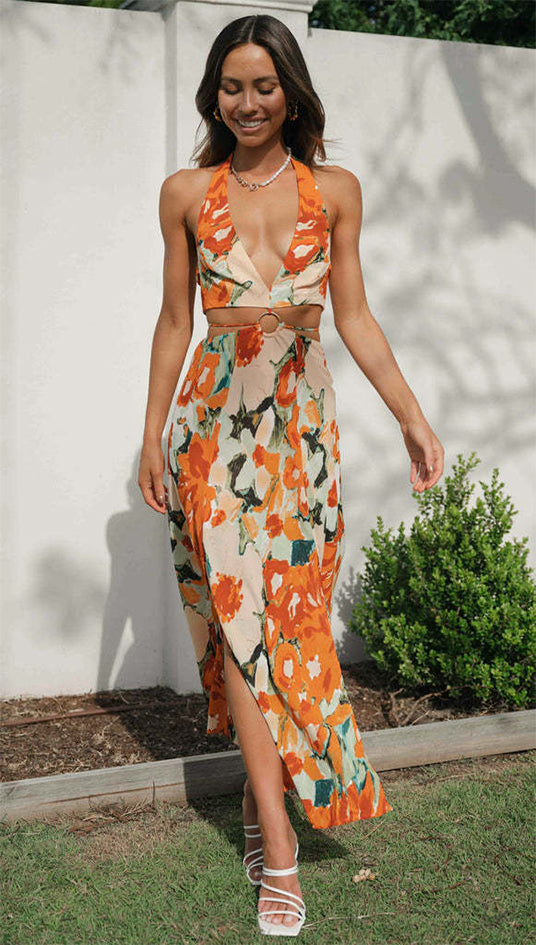 Women's Orange Floral Halter Midi Dress